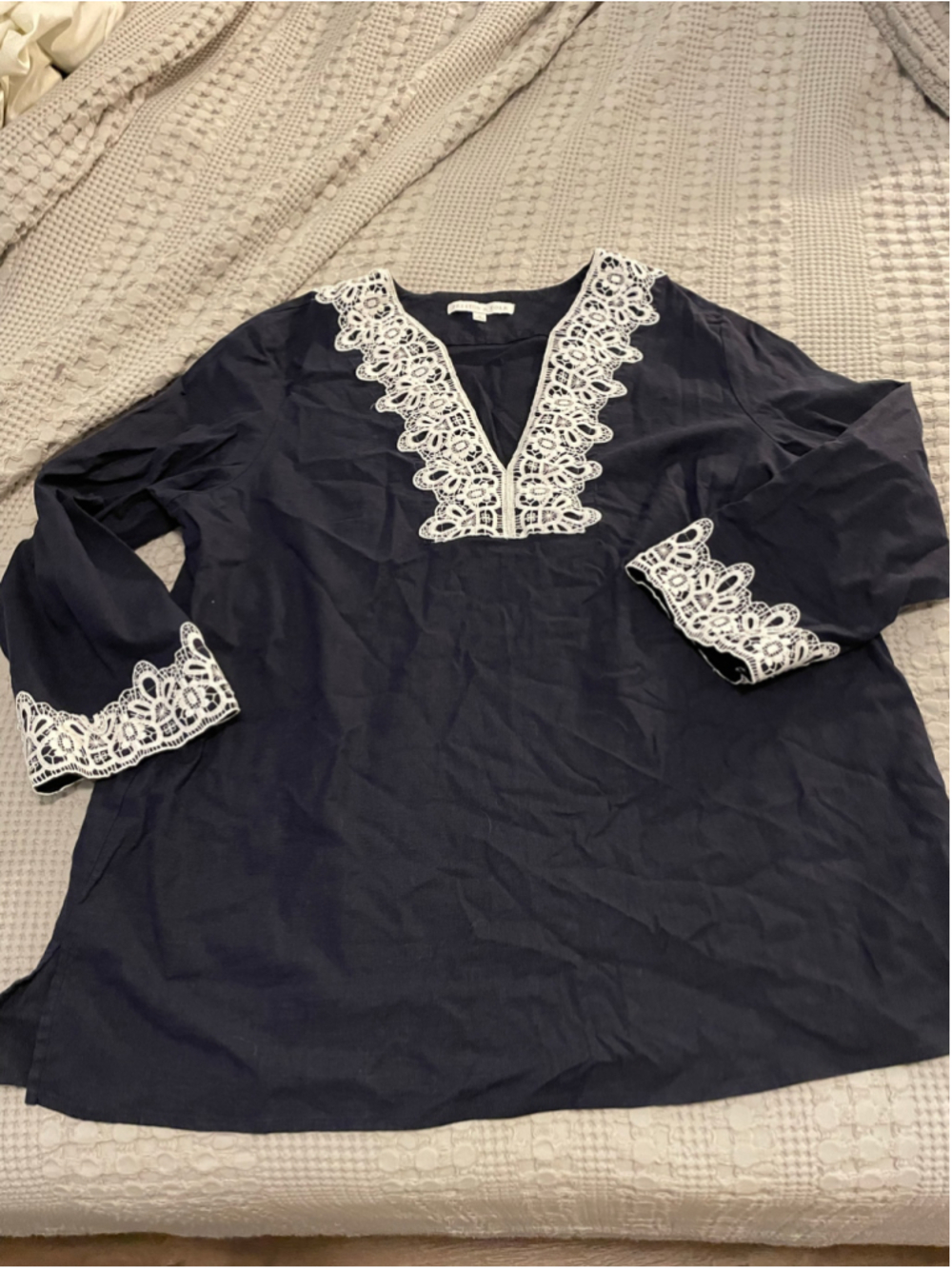 Preston & York Navy White Lace Trim Linen Blouse Size 16 resort wear nautical
